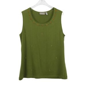 Croft & Barrow 1990s Vintage Olive Green Beaded Tank Top Boho Hippie Medium